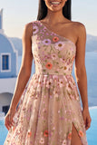 Champagne One Shoulder Floral A Line Long Formal Dress with Slit