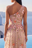 Champagne One Shoulder Floral A Line Long Formal Dress with Slit