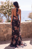Ivory Halter Ruched Backless Floral Mermaid Long Formal Dress