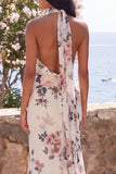 Ivory Halter Ruched Backless Floral Mermaid Long Formal Dress