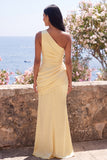 Yellow One Shoulder Ruched Mermaid Long Formal Dress