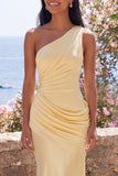 Yellow One Shoulder Ruched Mermaid Long Formal Dress