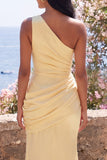 Yellow One Shoulder Ruched Mermaid Long Formal Dress
