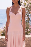 Pink Halter A Line Backless Long Formal Dress
