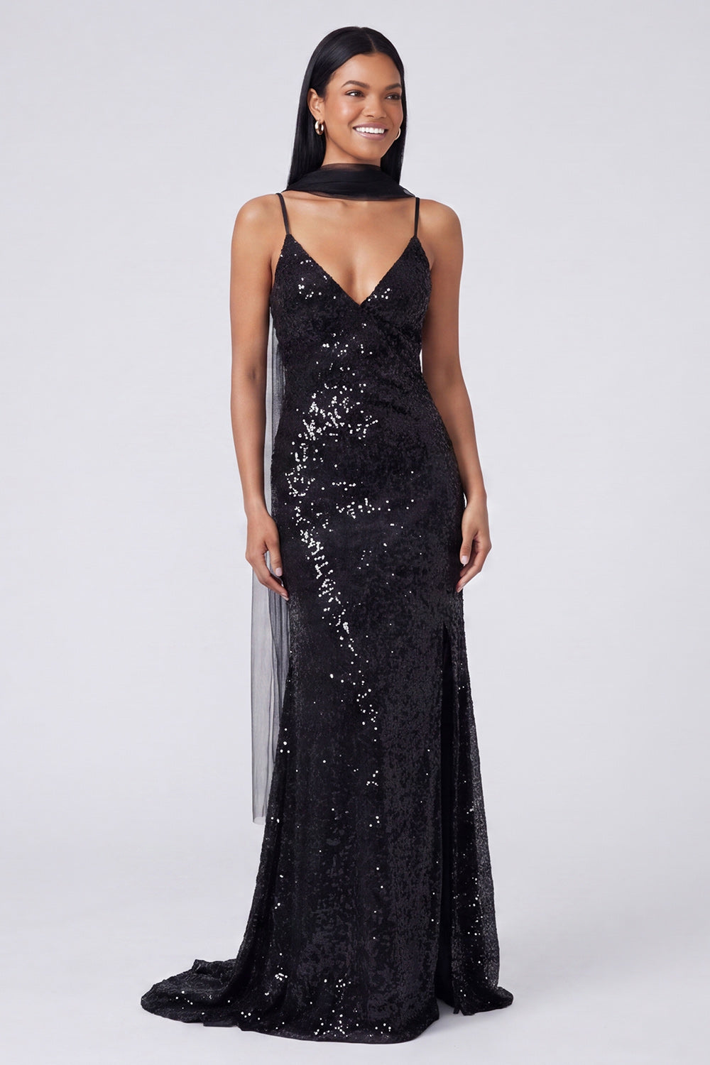Sparkly Yellow V-Neck Sequins Mermaid Long Formal Dress with Slit