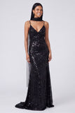 Sparkly Yellow V-Neck Sequins Mermaid Long Formal Dress with Slit