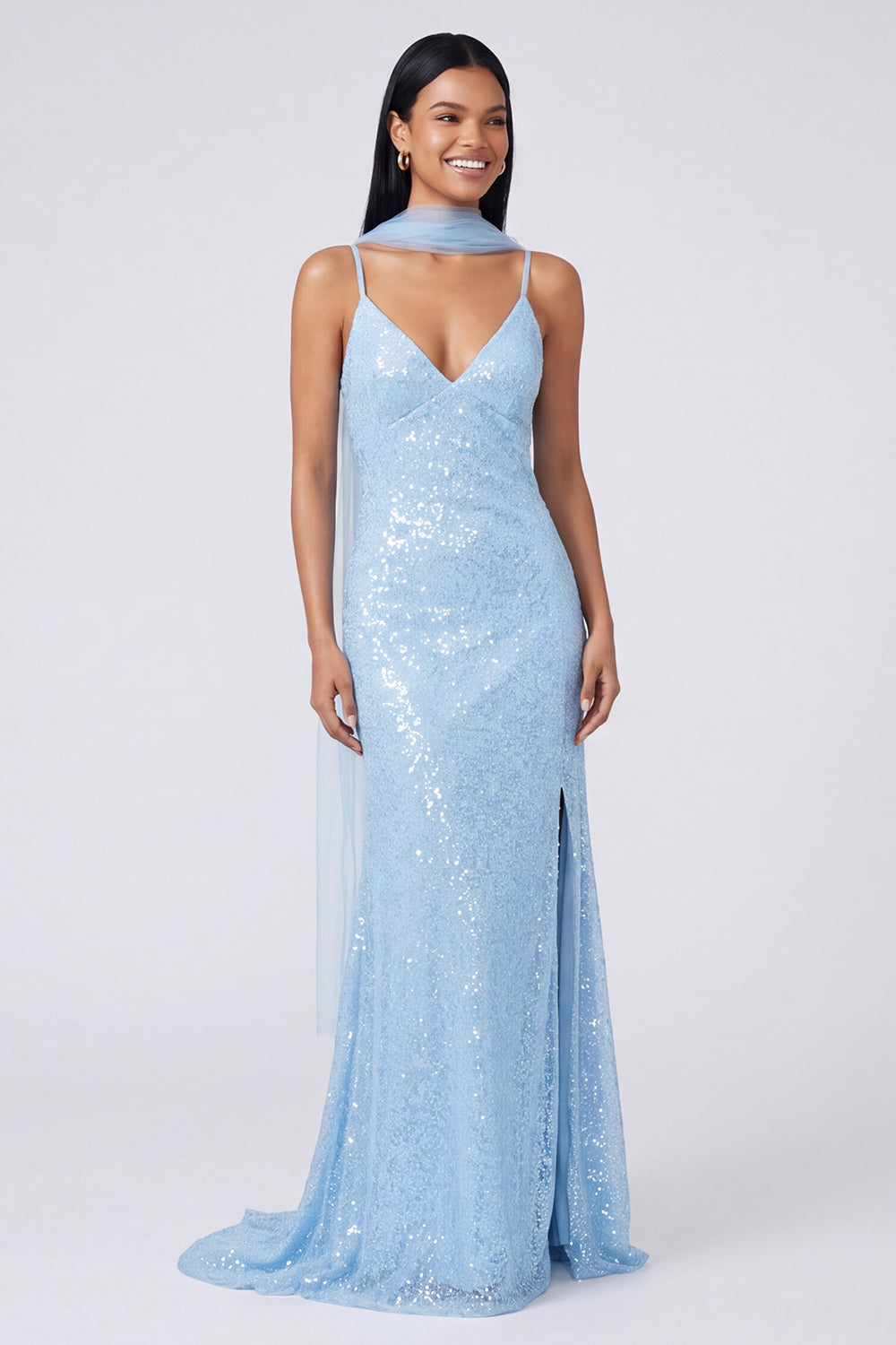 Sparkly Yellow V-Neck Sequins Mermaid Long Formal Dress with Slit