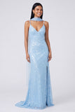 Sparkly Yellow V-Neck Sequins Mermaid Long Formal Dress with Slit