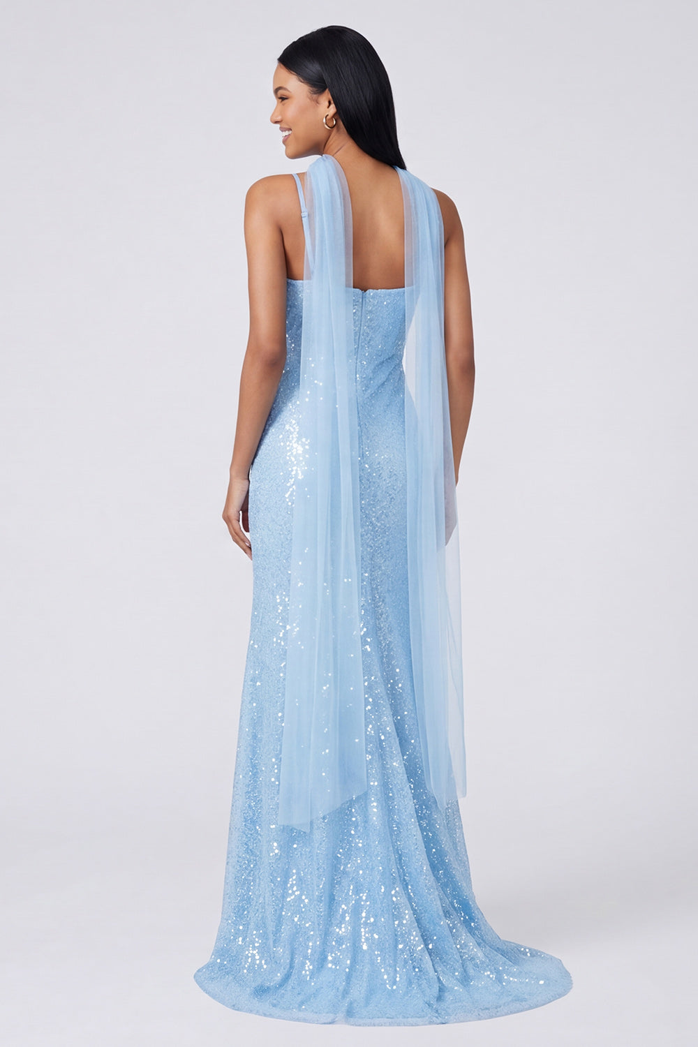 Sparkly Yellow V-Neck Sequins Mermaid Long Formal Dress with Slit