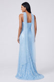 Sparkly Yellow V-Neck Sequins Mermaid Long Formal Dress with Slit