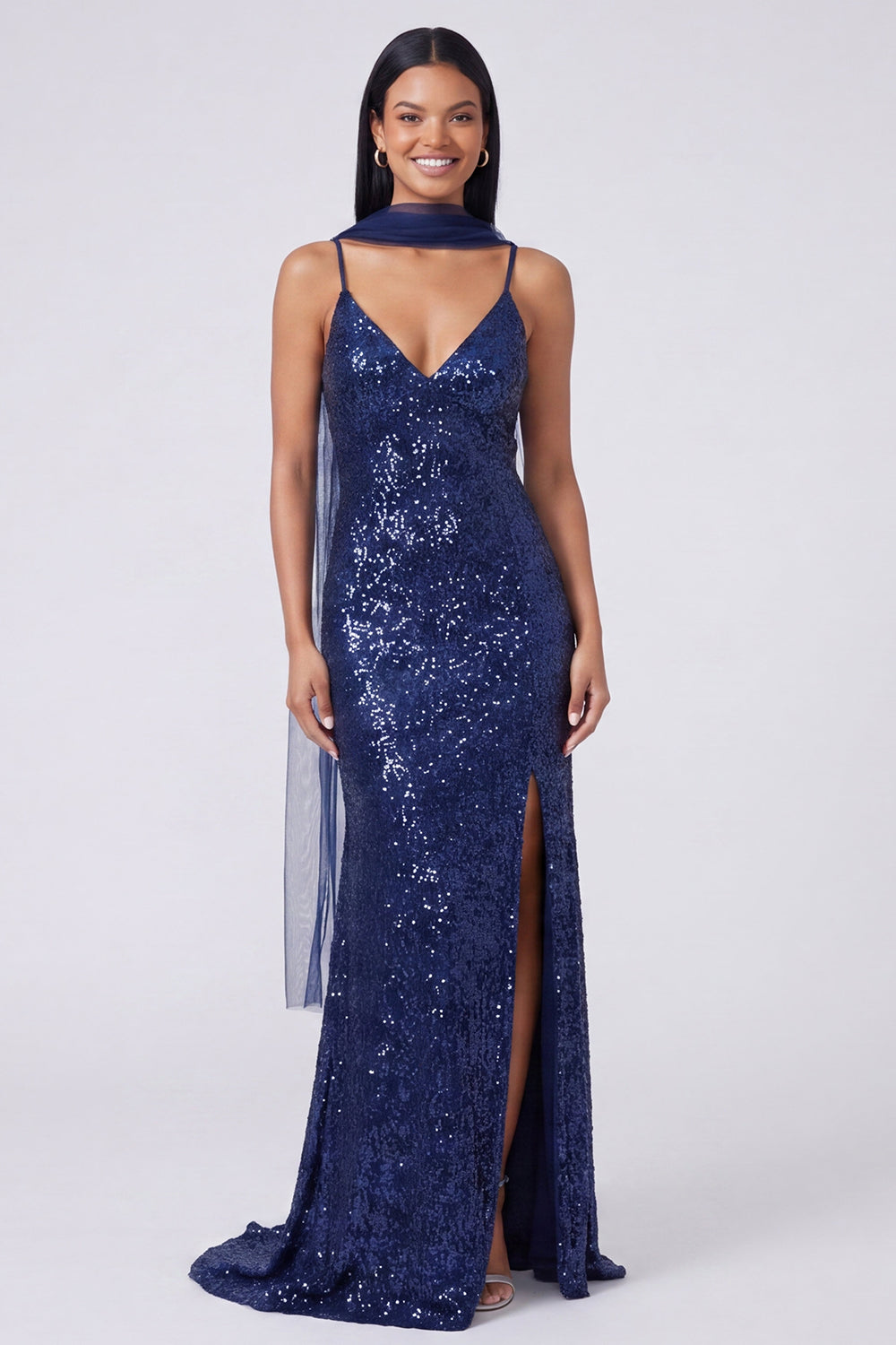 Sparkly Yellow V-Neck Sequins Mermaid Long Formal Dress with Slit