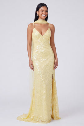 Sparkly Yellow V-Neck Sequins Mermaid Long Formal Dress with Slit