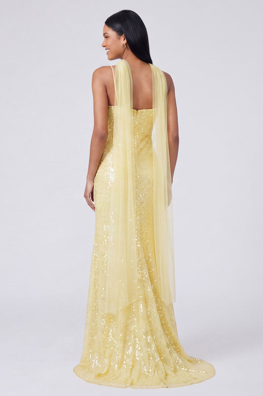 Sparkly Yellow V-Neck Sequins Mermaid Long Formal Dress with Slit