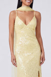 Sparkly Yellow V-Neck Sequins Mermaid Long Formal Dress with Slit