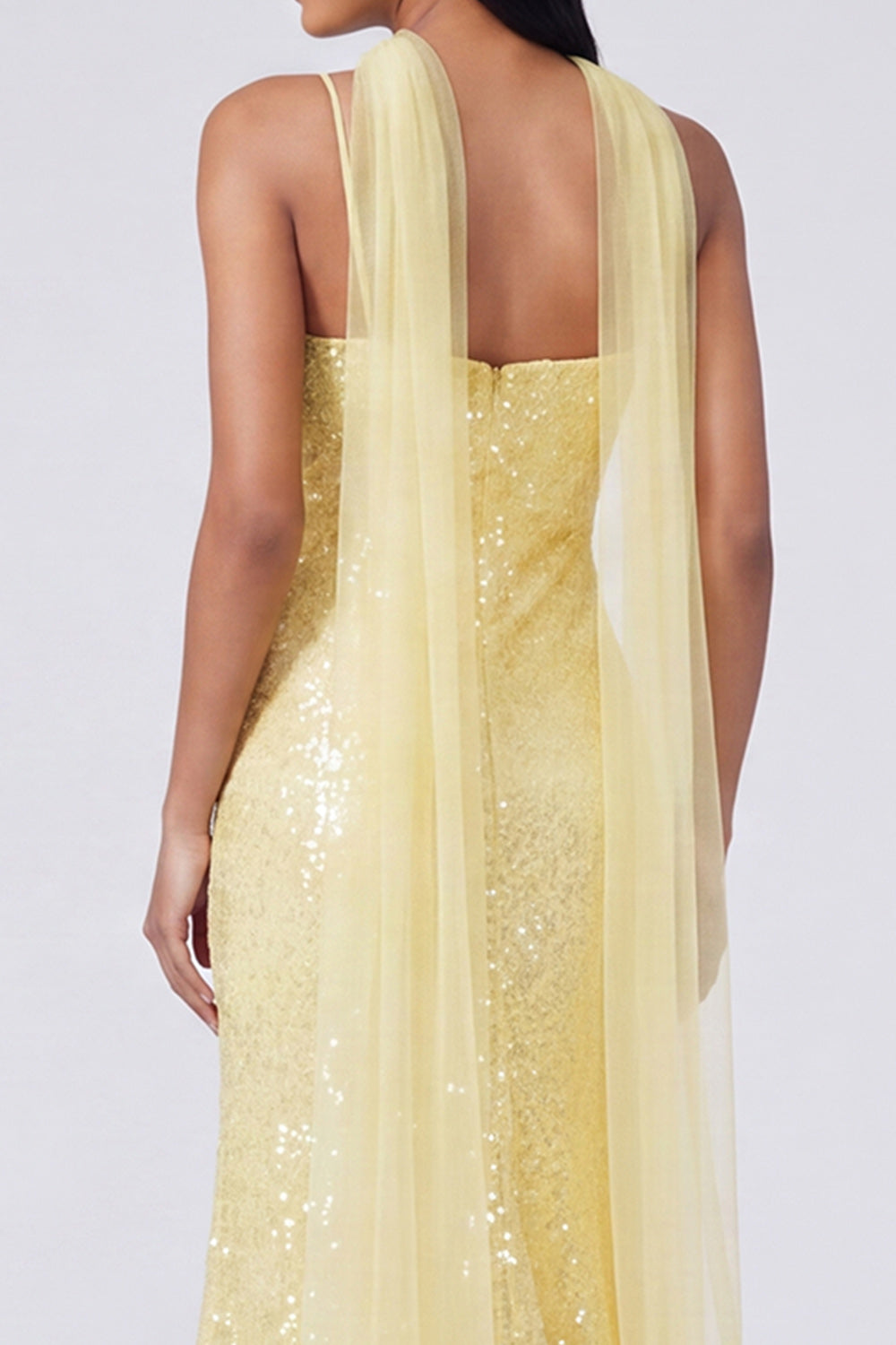 Sparkly Yellow V-Neck Sequins Mermaid Long Formal Dress with Slit