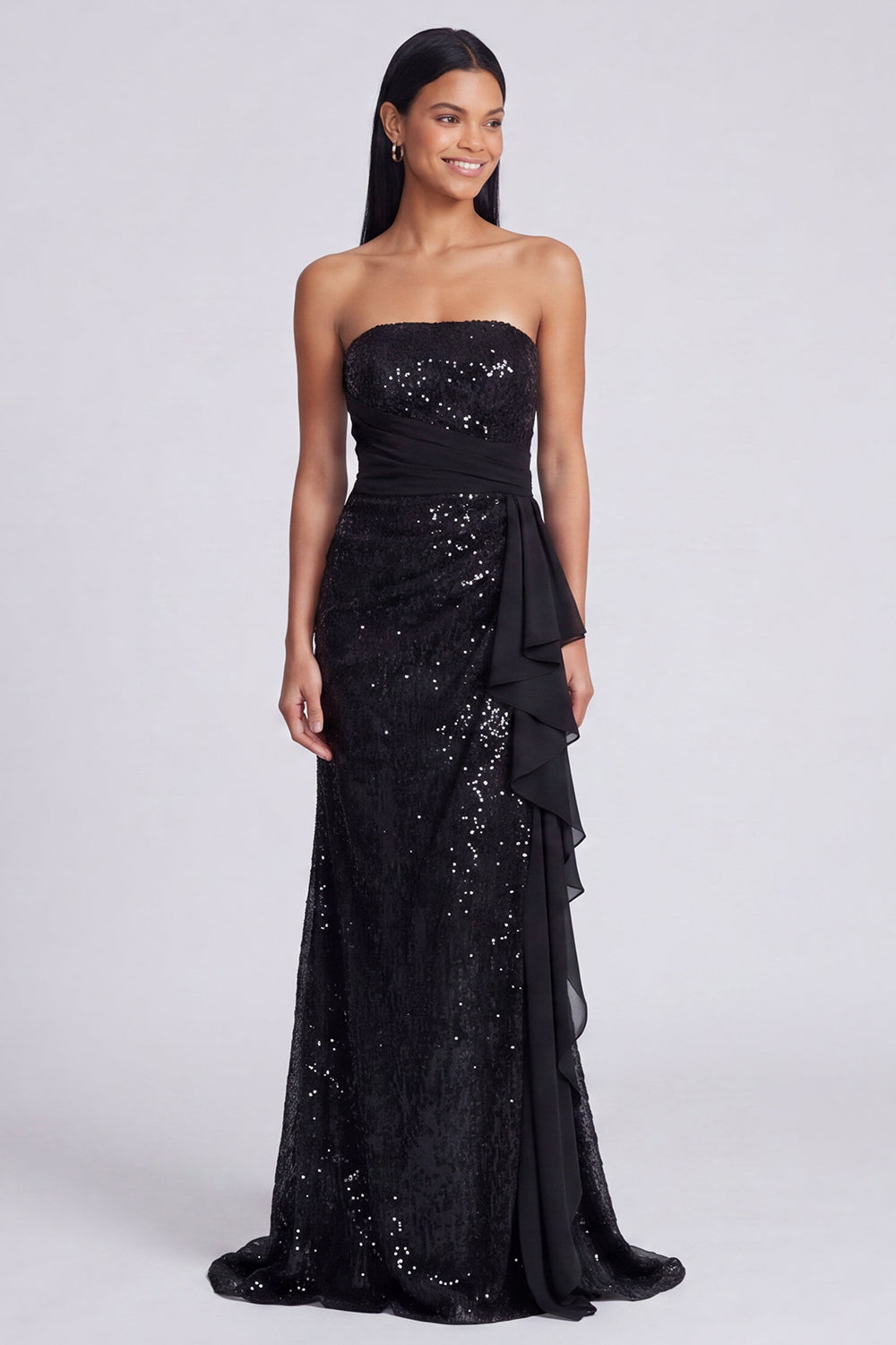 Sparkly Light Pink Strapless Ruched Mermaid Sequins Long Formal Dress with Ruffles