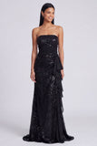 Sparkly Light Pink Strapless Ruched Mermaid Sequins Long Formal Dress with Ruffles