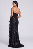 Sparkly Light Pink Strapless Ruched Mermaid Sequins Long Formal Dress with Ruffles