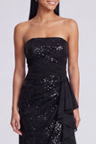 Sparkly Light Pink Strapless Ruched Mermaid Sequins Long Formal Dress with Ruffles