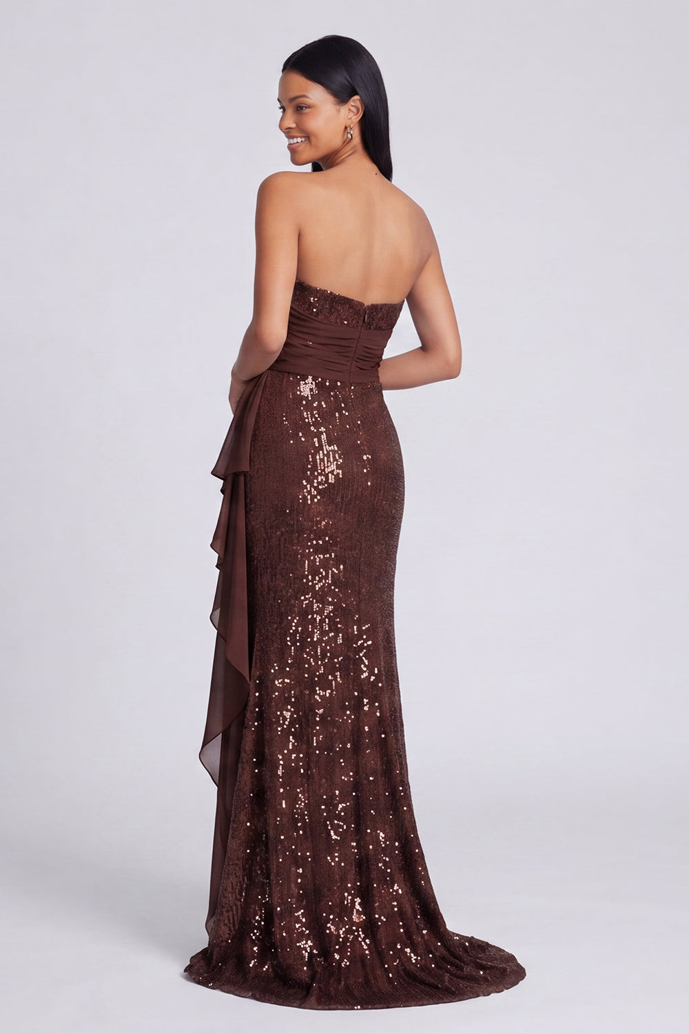Sparkly Light Pink Strapless Ruched Mermaid Sequins Long Formal Dress with Ruffles