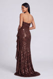 Sparkly Light Pink Strapless Ruched Mermaid Sequins Long Formal Dress with Ruffles