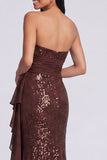 Sparkly Light Pink Strapless Ruched Mermaid Sequins Long Formal Dress with Ruffles