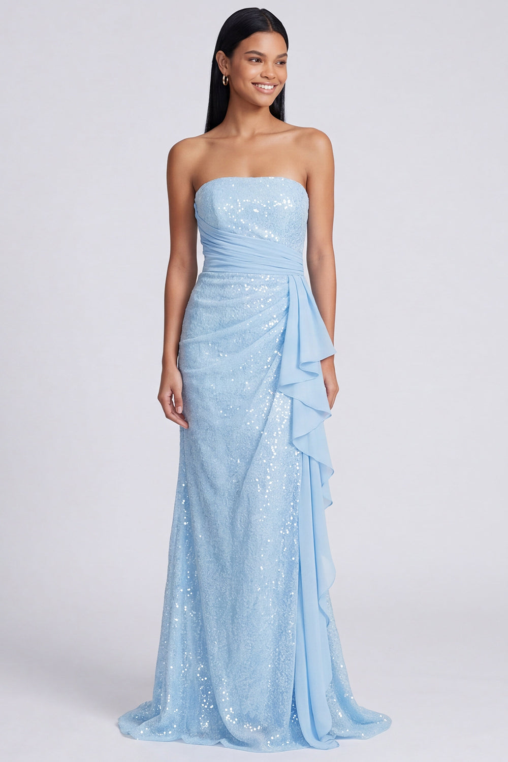 Sparkly Light Pink Strapless Ruched Mermaid Sequins Long Formal Dress with Ruffles