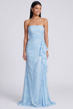 Sparkly Light Pink Strapless Ruched Mermaid Sequins Long Formal Dress with Ruffles