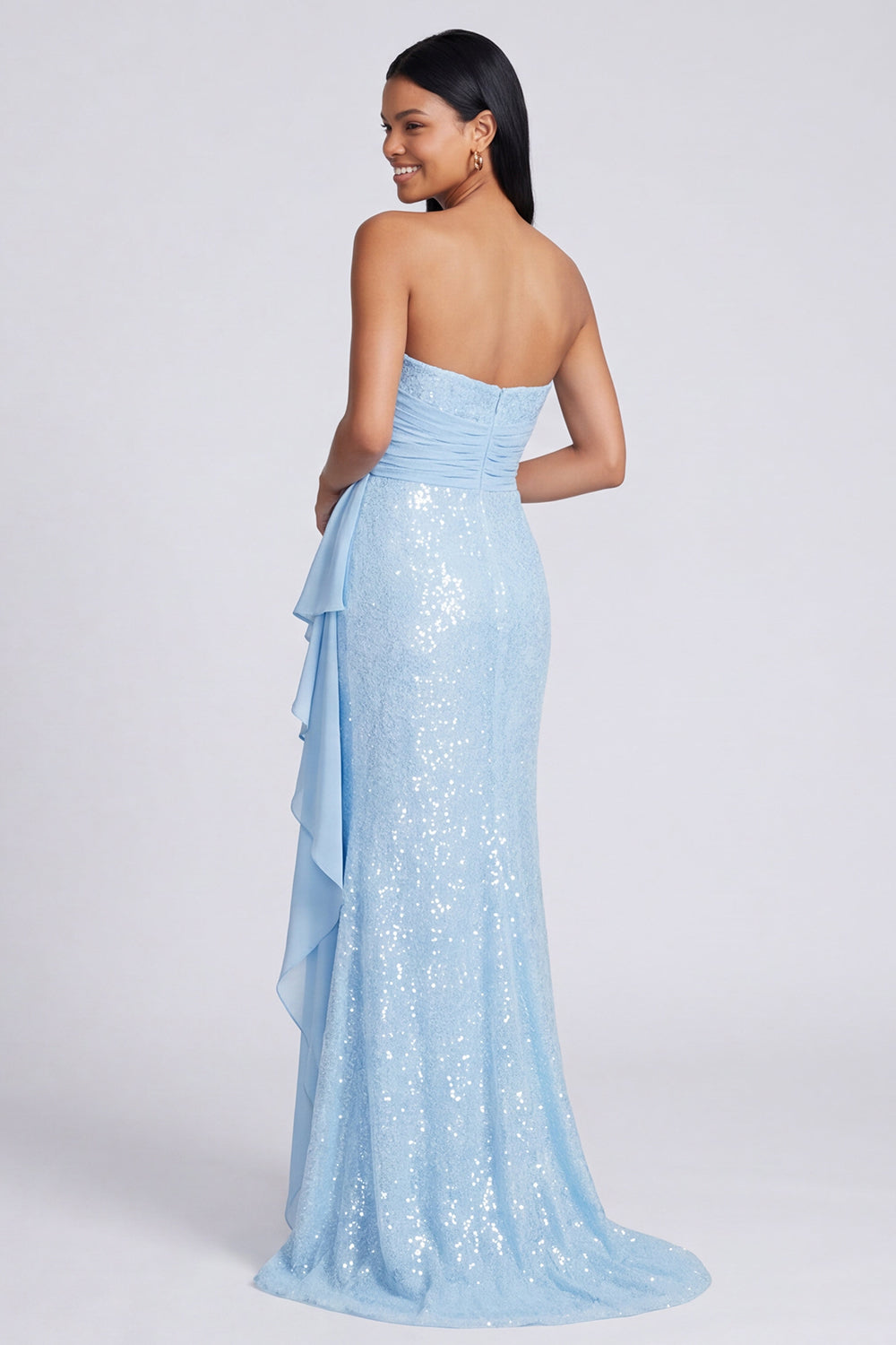 Sparkly Light Pink Strapless Ruched Mermaid Sequins Long Formal Dress with Ruffles