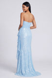 Sparkly Light Pink Strapless Ruched Mermaid Sequins Long Formal Dress with Ruffles