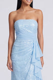 Sparkly Light Pink Strapless Ruched Mermaid Sequins Long Formal Dress with Ruffles
