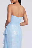 Sparkly Light Pink Strapless Ruched Mermaid Sequins Long Formal Dress with Ruffles