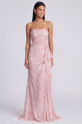Sparkly Light Pink Strapless Ruched Mermaid Sequins Long Formal Dress with Ruffles