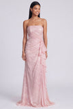 Sparkly Light Pink Strapless Ruched Mermaid Sequins Long Formal Dress with Ruffles