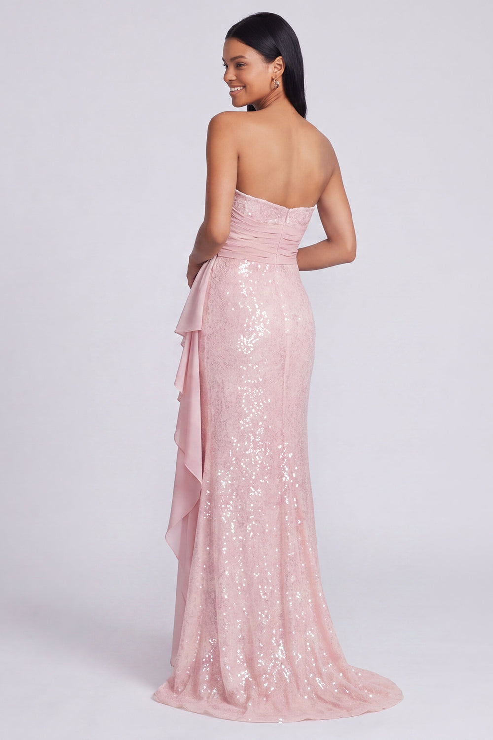 Sparkly Light Pink Strapless Ruched Mermaid Sequins Long Formal Dress with Ruffles