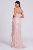 Sparkly Light Pink Strapless Ruched Mermaid Sequins Long Formal Dress with Ruffles