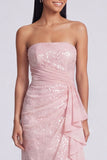 Sparkly Light Pink Strapless Ruched Mermaid Sequins Long Formal Dress with Ruffles