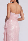Sparkly Light Pink Strapless Ruched Mermaid Sequins Long Formal Dress with Ruffles