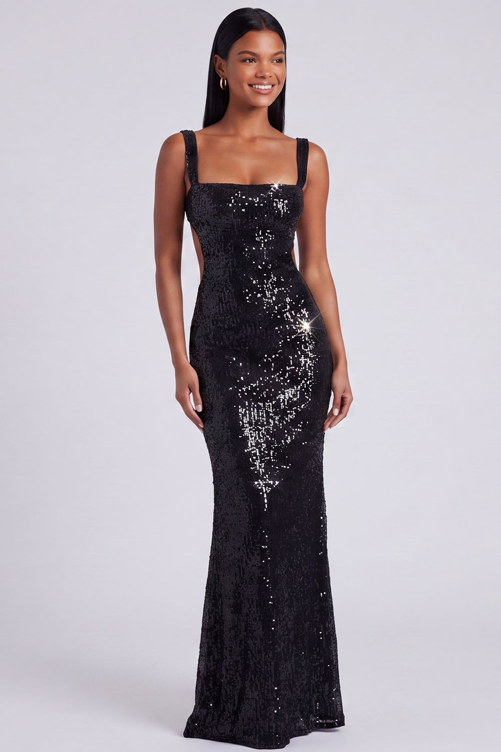 Sparkly Light Blue Sequins Square Neck Mermaid Long Formal Dress