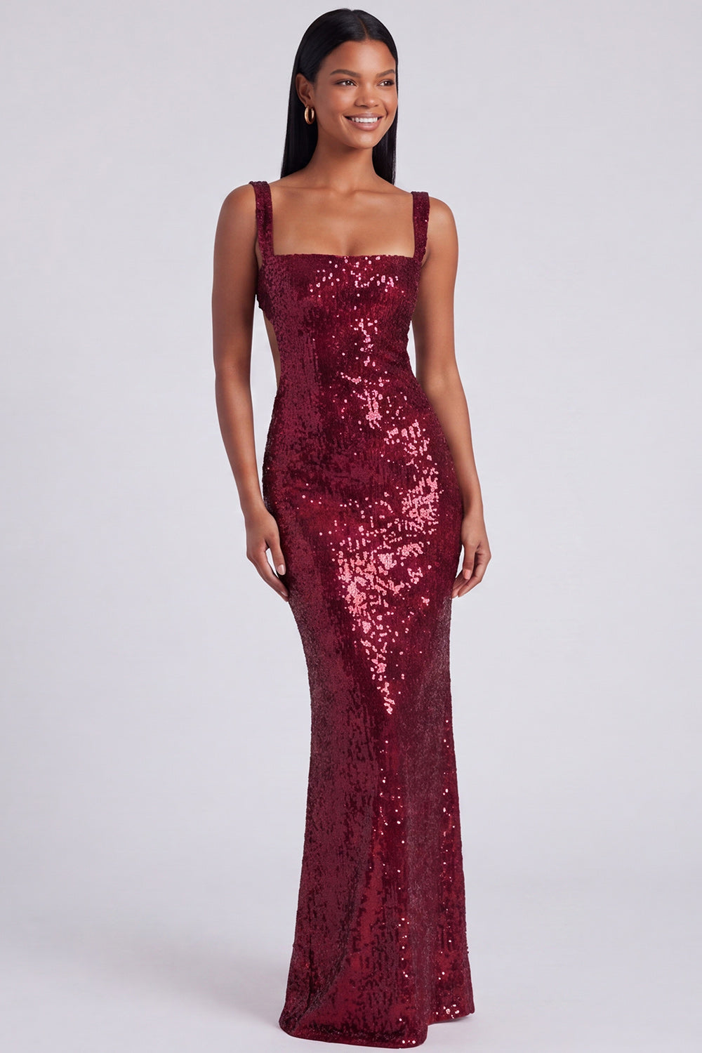Sparkly Light Blue Sequins Square Neck Mermaid Long Formal Dress