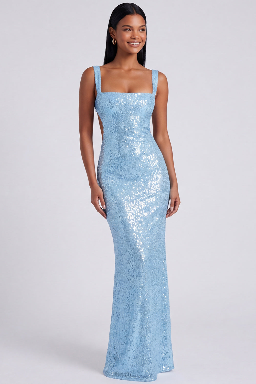 Sparkly Light Blue Sequins Square Neck Mermaid Long Formal Dress