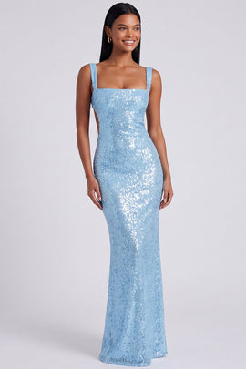 Sparkly Light Blue Sequins Square Neck Mermaid Long Formal Dress