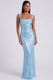 Sparkly Light Blue Sequins Square Neck Mermaid Long Formal Dress