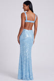 Sparkly Light Blue Sequins Square Neck Mermaid Long Formal Dress