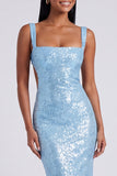 Sparkly Light Blue Sequins Square Neck Mermaid Long Formal Dress