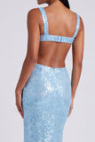 Sparkly Light Blue Sequins Square Neck Mermaid Long Formal Dress