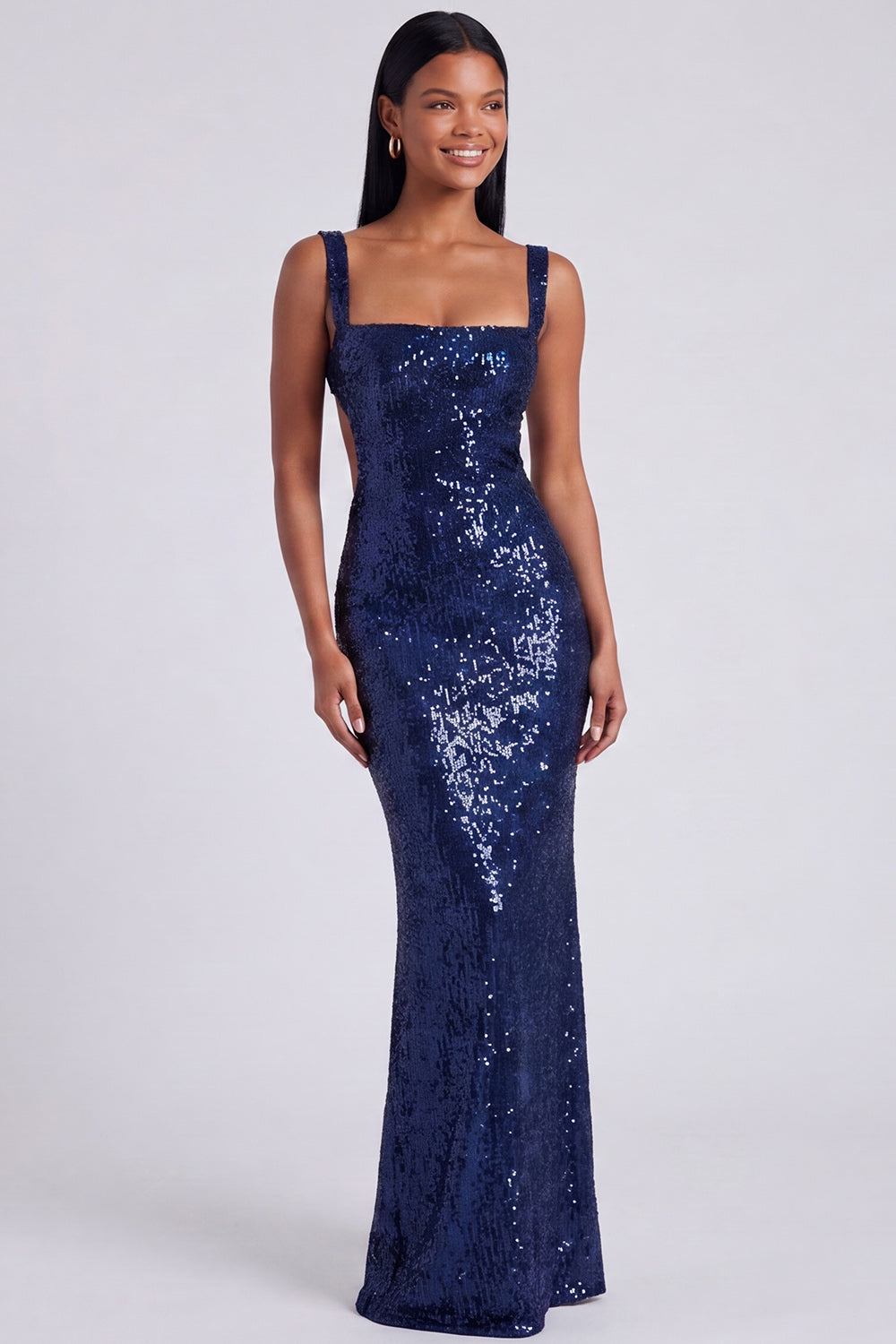 Sparkly Light Blue Sequins Square Neck Mermaid Long Formal Dress