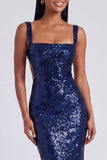 Sparkly Light Blue Sequins Square Neck Mermaid Long Formal Dress