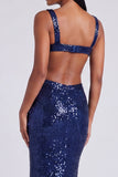 Sparkly Light Blue Sequins Square Neck Mermaid Long Formal Dress