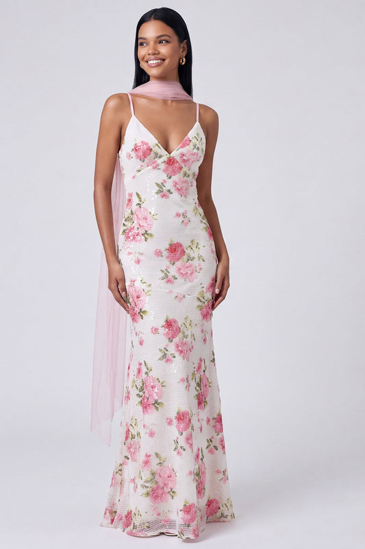 White Pink Flower V-Neck Sequins Mermaid Long Formal Dress